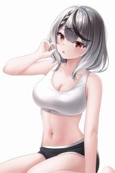 Rule 34 | 1girl, absurdres, black hair, breasts, cleavage, grey hair, hair ornament, highres, hololive, large breasts, looking at viewer, multicolored hair, navel, parted lips, red eyes, sakamata chloe, shira jun, short shorts, shorts, simple background, sitting, solo, sports bra, stomach, streaked hair, virtual youtuber, white background, white sports bra, x hair ornament
