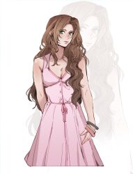 Rule 34 | 1girl, aerith gainsborough, alternate hairstyle, arm behind back, bangle, bare shoulders, bracelet, breasts, brown hair, cleavage, closed mouth, collarbone, commentary, cowboy shot, dress, english commentary, final fantasy, final fantasy vii, final fantasy vii remake, green eyes, highres, jewelry, long hair, looking at viewer, parted bangs, pink dress, pudelmudel, sleeveless, sleeveless dress, small breasts, solo, wavy hair