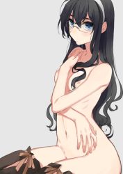 Rule 34 | 10s, 1girl, black hair, blue eyes, blush, breasts, embarrassed, female focus, glasses, grey background, hair between eyes, hairband, hita (hitapita), kantai collection, legs, long hair, looking at viewer, nipples, nude, ooyodo (kancolle), shy, simple background, sitting, small breasts, solo, thighhighs, wavy hair