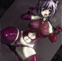 Rule 34 | 1girl, animal ears, bdsm, bell, blue eyes, blush, bondage, bound, breasts, cat ears, cat girl, collar, covered erect nipples, cuffs, cuffs-to-collar, dutch angle, female focus, kuro kuroku, lock, looking at viewer, navel, neck bell, open mouth, original, purple hair, pussy, pussy juice, pussy peek, saliva, short hair, solo, spread legs, thighhighs, tongue, tongue out, yoke
