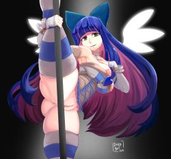 Rule 34 | 10s, 1girl, anus, ass, between breasts, blue hair, blue nails, blunt bangs, blush, bracelet, breasts, bridal gauntlets, choker, collarbone, elbow gloves, gloves, green eyes, highres, jewelry, large breasts, legs, long hair, looking at viewer, lots of jewelry, multicolored hair, nail polish, nipples, nude, panty &amp; stocking with garterbelt, pink hair, pole, pole dancing, pussy, solo, spicy bardo, stocking (psg), striped clothes, striped thighhighs, stripper pole, thighhighs, two-tone hair, uncensored