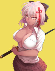 Rule 34 | 1girl, absurdres, ahoge, bad id, bad pixiv id, black bow, bow, breast pocket, breasts, brown skirt, cleavage, closed mouth, collarbone, collared shirt, commentary, dark-skinned female, dark skin, dress shirt, english commentary, eyeliner, fate/grand order, fate (series), hair between eyes, hair bow, hair ornament, half updo, highres, holding, holding sword, holding weapon, huyou (awegk), large breasts, looking at viewer, makeup, okita souji (fate), okita souji alter (fate), okita souji alter (first ascension) (fate), partially unbuttoned, pink hair, plaid, plaid skirt, pocket, shirt, short hair, short sleeves, simple background, skirt, slit pupils, solo, standing, sword, tsurime, weapon, wing collar, yellow background, yellow eyes