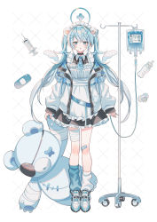 Rule 34 | absurdres, animal ears, baby bottle, bandages, blue eyes, blue necktie, bottle, dress, highres, holding, holding stuffed toy, intravenous drip, jacket, kneehighs, maid, mouse ears, necktie, needle, open clothes, open jacket, original, pacifier, socks, stuffed animal, stuffed toy, suzaku (zaku6584), teddy bear