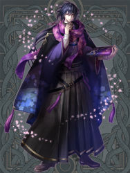 Rule 34 | 1boy, belt, black cape, black hair, book, cape, dairoku ryouhei, floral print, full body, grey background, hakama, hakama skirt, hand up, hi-na1, holding, holding book, japanese clothes, long hair, long sleeves, looking at viewer, male focus, ponytail, purple scarf, scarf, shoes, simple background, skirt, solo, standing, wide sleeves