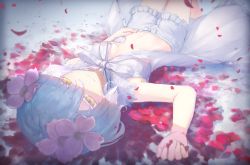 Rule 34 | 1girl, bare arms, bloomers, breasts, closed mouth, dutch angle, eyes visible through hair, hair between eyes, hand on own stomach, highres, kudou chitose, light smile, looking at viewer, lying, navel, nijisanji, on back, on floor, petals, rose petals, short hair, sleeveless, small breasts, solo, t6 ti, thick eyelashes, underwear, virtual youtuber, white hair, yellow eyes