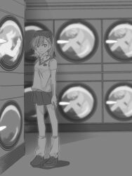 Rule 34 | 6+girls, arm at side, collared shirt, corpse, expressionless, greyscale, head-mounted display, in bubble, kneehighs, laundromat, loafers, looking at viewer, miniskirt, misaka imouto, monochrome, multiple girls, parted bangs, pepo peropero, pleated skirt, school uniform, shirt, shoes, short hair, siblings, sisters, skirt, socks, solo focus, standing, summer uniform, sweater vest, toaru majutsu no index, tokiwadai school uniform, washing machine