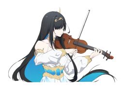 Rule 34 | 1girl, black hair, blue hair, bow (music), cdlo, closed eyes, colored inner hair, detached sleeves, dress, forehead jewel, holding, holding bow (music), holding instrument, holding violin, instrument, long sleeves, multicolored hair, music, playing instrument, punishing: gray raven, selena (punishing: gray raven), sidelocks, solo, violin, white background, white dress