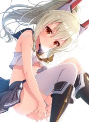Rule 34 | 1girl, anchor symbol, ayanami (azur lane), azur lane, bare arms, bare shoulders, black footwear, black sailor collar, black skirt, blush, boots, breasts, commentary request, crop top, grey hair, hair between eyes, headgear, hugging own legs, kneebar, long hair, looking at viewer, matokechi, midriff, pleated skirt, ponytail, red eyes, sailor collar, school uniform, serafuku, shirt, simple background, skirt, small breasts, solo, thighhighs, thighhighs under boots, underboob, white background, white shirt, white thighhighs, yellow neckwear