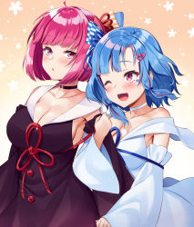 Rule 34 | 2girls, ;d, ahoge, alternate breast size, alternate hair length, alternate hairstyle, black choker, blue hair, blue ribbon, blunt bangs, blush, breasts, choker, cleavage, collarbone, commentary request, cowboy shot, detached sleeves, dress, facial mark, floral background, gradient background, hair ornament, hair ribbon, hairclip, heart, highres, kotonoha akane, kotonoha aoi, large breasts, long sleeves, looking at another, looking at viewer, multicolored hair, multiple girls, one eye closed, open mouth, orange background, pink eyes, pink hair, purple dress, red ribbon, ribbon, sailor collar, sailor dress, short hair, siblings, sisters, smile, streaked hair, tenneko yuuri, two-tone hair, voiceroid, white choker, white dress, white sailor collar