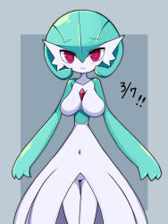 Rule 34 | 1girl, blush, bob cut, border, breasts, closed mouth, collarbone, colored skin, cowboy shot, creatures (company), dated, female focus, game freak, gardevoir, gardevoir day, gdaro, gen 3 pokemon, gluteal fold, green hair, green skin, grey background, grey border, hair between eyes, happy, light blush, looking at viewer, medium breasts, multicolored skin, narrow waist, navel, nintendo, no nipples, outside border, pokemon, pokemon (creature), raised eyebrows, red eyes, short hair, simple background, smile, solo, split mouth, standing, stomach, straight-on, thighs, two-tone skin, white skin