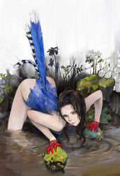 Rule 34 | 1girl, amatiz, bird, black hair, feathers, gloves, long hair, nature, nude, original, personification, solo, water, yellow eyes