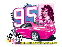 Rule 34 | 1girl, adobe illustrator (medium), car, commentary, english commentary, eva pishalski, logo, motor vehicle, nascar, nissan skyline, nissan skyline gt-r, nissan skyline r34, original, parted lips, photo inset, photoshop (medium), pink car, shadow, smile, spoiler (automobile), sports car, vehicle focus