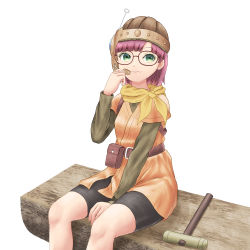 Rule 34 | 1girl, belt, bike shorts, chrono trigger, closed mouth, glasses, green eyes, hammer, helmet, highres, hoposyoi, looking at viewer, lucca ashtear, purple hair, scarf, short hair, smile, solo, weapon, white background