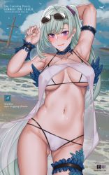 Rule 34 | 1girl, arm behind head, armpits, bikini, bird, breasts, brynhildr (fate), brynhildr (swimsuit berserker) (fate), brynhildr (swimsuit berserker) (first ascension) (fate), closed mouth, commentary, cowboy shot, dated, english commentary, english text, eyewear on head, fate/grand order, fate (series), feathers, hair ornament, hair scrunchie, hanada yanochi, long hair, looking at viewer, medium breasts, navel, ocean, purple eyes, purple scrunchie, scrunchie, seagull, side ponytail, smile, solo, standing, summer, swimsuit, water, white bikini, white hair