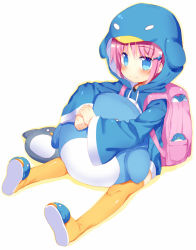 Rule 34 | 1girl, animal costume, backpack, bag, bird, blue eyes, blush, child, fang, full body, hair ornament, hairclip, hood, hoodie, looking at viewer, meito (maze), orange thighhighs, original, penguin, penguin costume, pink hair, randoseru, sandals, short hair, simple background, sitting, solo, stuffed animal, stuffed penguin, stuffed toy, thighhighs, white background, yellow thighhighs
