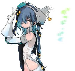 Rule 34 | 1girl, aqua hat, bad id, bad twitter id, black one-piece swimsuit, black ribbon, commentary request, competition swimsuit, garrison cap, garter straps, gloves, grey hair, hair ornament, hair ribbon, hat, highleg, highleg swimsuit, highres, kantai collection, karin bluez3, long hair, looking at viewer, one-piece swimsuit, ribbon, scamp (kancolle), side ponytail, solo, star (symbol), star hair ornament, swimsuit, upper body, white background, white gloves
