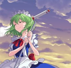 Rule 34 | 1girl, apron, bow, bowtie, closed eyes, commentary request, frilled apron, frills, green hair, holding, katayama kei, maid headdress, mimi-chan, puffy short sleeves, puffy sleeves, red bow, red bowtie, ruukoto, short hair, short sleeves, sky, smile, solo, touhou, touhou (pc-98)