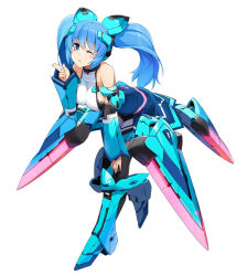 Rule 34 | 1girl, armor, armored boots, blue eyes, blue hair, blush, boots, breasts, cosmic break, cosmic break 2, full body, headgear, large breasts, lily rain, matching hair/eyes, mecha musume, official art, one eye closed, sideboob, solo, twintails, wakaba sprout, wink