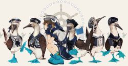 Rule 34 | 1girl, absurdres, anchor, animal, bird, blue footwear, blue skirt, boots, brown hair, clothed animal, flag, from side, gloves, hat, highres, original, profile, short hair, short sleeves, skirt, solo, squatting, star (symbol), tonbippo08, white hat