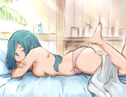 Rule 34 | 1girl, ass, blue eyes, blue hair, breasts, creatures (company), ero kaeru, from side, game freak, lana&#039;s mother (pokemon), large breasts, long hair, looking at viewer, lying, mature female, nintendo, on stomach, panties, pokemon, pokemon (anime), pokemon sm (anime), ponytail, sideboob, solo, the pose, topless, translated, underwear