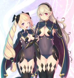 Rule 34 | 2girls, ;d, absurdres, alternate costume, black bow, black hairband, black legwear, blonde hair, blue cape, bow, breasts, cape, cleavage, closed mouth, corrin (female) (fire emblem), corrin (fire emblem), cosplay, curly hair, dark mage (fire emblem fates), elise (fire emblem), fire emblem, fire emblem fates, floating hair, grey hair, hair bow, hairband, highres, kashiwamochi yomogi, leotard, long hair, multicolored hair, multiple girls, nintendo, nyx (fire emblem), nyx (fire emblem) (cosplay), official alternate costume, one eye closed, open mouth, pointy ears, purple eyes, purple hair, red eyes, revealing clothes, sideboob, small breasts, smile, thighhighs, twitter username, two-tone hair, very long hair