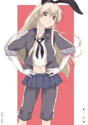 Rule 34 | 1girl, black jacket, black neckerchief, black pants, blonde hair, blue sailor collar, blue skirt, crop top, gloves, grey eyes, hands on own hips, jacket, kantai collection, kote (dew), long hair, looking at viewer, miniskirt, navel, neckerchief, pants, pants under skirt, pleated skirt, sailor collar, shimakaze (kancolle), skirt, sleeves rolled up, solo, track jacket, track pants, track suit, white gloves