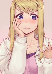 Rule 34 | 1girl, blonde hair, blue eyes, blush, breasts, cleavage, embarrassed, eyelashes, fullmetal alchemist, hand on own cheek, hand on own face, haoni, highres, hood, hoodie, long hair, long sleeves, looking away, looking to the side, medium breasts, open mouth, pink background, pink shirt, shirt, simple background, solo, straight hair, sweatdrop, upper body, wavy mouth, white hoodie, winry rockbell