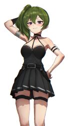 Rule 34 | 1girl, arm behind head, bare shoulders, belt, black gloves, black skirt, blush, breasts, gloves, green hair, hand on own hip, highres, looking at viewer, pleated skirt, purple eyes, side ponytail, simple background, skirt, smile, solo, sousou no frieren, tententempe, thigh strap, ubel (sousou no frieren), white background