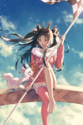 Rule 34 | 1girl, black hair, blue sky, checkered flag, cloud, cloudy sky, crown, day, earrings, fate/grand order, fate (series), feet, flag, fou (fate), frilled thighhighs, frills, fur trim, heart, holding, holding flag, hoop earrings, ishtar (fate), jewelry, knee up, long hair, looking at another, open mouth, outdoors, parted bangs, pink thighhighs, red eyes, shuryukan, single thighhigh, sitting, sky, smile, solo, teeth, thighhighs, toes, tohsaka rin, two side up, wind, wind lift