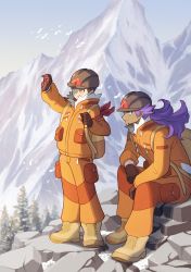 Rule 34 | 2boys, amakara000, arm ribbon, backpack, bad id, bad twitter id, bag, boots, brown eyes, brown gloves, brown hair, brown headwear, closed mouth, commentary, creatures (company), dark-skinned male, dark skin, day, expedition uniform, facial hair, game freak, gloves, helmet, highres, holding strap, jacket, leon (pokemon), long hair, long sleeves, male focus, multiple boys, nintendo, one eye closed, orange jacket, orange pants, outdoors, pants, parted lips, pokemon, pokemon swsh, purple hair, red ribbon, ribbon, sitting, sky, smile, symbol-only commentary, tree, victor (pokemon)