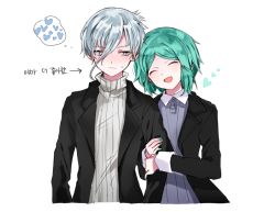 Rule 34 | alternate costume, androgynous, antarcticite, arm grab, blush, contemporary, closed eyes, gender request, green hair, grey eyes, heart, houseki no kuni, jacket, korean text, long sleeves, nail polish, phosphophyllite, retto, short hair, silver hair, smile, sweater, translation request, white background