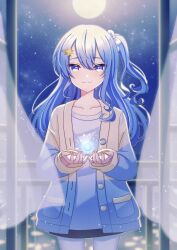 Rule 34 | 1girl, absurdres, blue eyes, blue hair, bow, cardigan, cowboy shot, curtains, full moon, hair bow, hair ornament, hairclip, highres, holding orb, hololive, hoshimachi suisei, long hair, long sleeves, looking at viewer, miniskirt, moon, nail polish, night, night sky, one side up, skirt, sky, smile, solo, star (sky), star (symbol), star hair ornament, starry sky, straight-on, tsumurimai, virtual youtuber, window