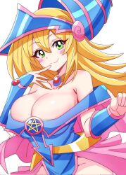 Rule 34 | 1girl, bare shoulders, blonde hair, blue dress, blue hat, blush, blush stickers, breasts, capelet, cleavage, dark magician girl, dress, duel monster, green eyes, hair between eyes, hat, highres, large breasts, long hair, looking at viewer, momotarouooi, pentacle, smile, solo, strapless, strapless dress, wizard hat, yu-gi-oh!, yu-gi-oh! duel monsters