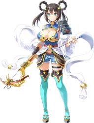 Rule 34 | 1girl, aqua eyes, arrow (projectile), black hair, boots, bowgun, breasts, cleavage, emerane, full body, hair ornament, holding, holding weapon, large breasts, official art, oshiro project:re, oshiro project:re, short shorts, shorts, smile, solo, takiyama (oshiro project), thigh boots, thighhighs, transparent background, twintails, weapon