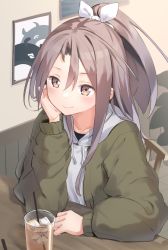 Rule 34 | 1girl, abyssal ship, alternate costume, blush, brown eyes, chair, cup, drinking straw, enemy aircraft (kancolle), green jacket, hair between eyes, hair ribbon, head rest, hood, hood down, hoodie, ice, ice cube, jacket, kantai collection, light brown hair, long hair, long sleeves, natsuki (gedo), ponytail, ribbon, sitting, smile, solo, table, white jacket, zuihou (kancolle)