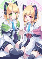 Rule 34 | 2girls, absurdres, black skirt, black thighhighs, blonde hair, blue archive, blue bow, blue necktie, blush, bow, closed mouth, collared shirt, green eyes, green halo, hair bow, halo, highres, jacket, long sleeves, midori (blue archive), momoi (blue archive), multiple girls, necktie, open mouth, pink eyes, pink halo, pleated skirt, ramie (ramie541), red bow, shirt, short hair, siblings, sisters, skirt, smile, thighhighs, twins, two-sided fabric, two-sided jacket, white jacket, white shirt