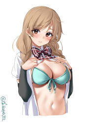 Rule 34 | 1girl, aqua bikini, bikini, bikini top only, blush, bow, bowtie, braid, breasts, brown eyes, closed mouth, cowboy shot, cropped torso, ebifurya, front-tie bikini top, front-tie top, hands up, highres, kantai collection, large breasts, light brown hair, long hair, looking at viewer, minegumo (kancolle), navel, one-hour drawing challenge, open clothes, open shirt, parted bangs, plaid, plaid bow, plaid bowtie, red bow, red bowtie, red eyes, shirt, simple background, solo, stomach, swimsuit, twin braids, twitter username, upper body, white background, white shirt