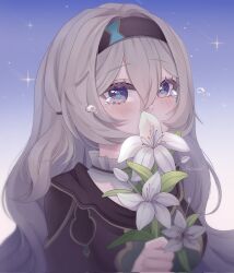 Rule 34 | 1girl, akusiaa, black hairband, black jacket, blue pupils, blue sky, blush, collared shirt, covering own mouth, crying, crying with eyes open, evening, firefly (honkai: star rail), flower, flower request, glint, grey hair, hair between eyes, hair intakes, hairband, hand up, highres, holding, holding flower, honkai: star rail, honkai (series), jacket, long hair, looking at viewer, outdoors, purple eyes, shirt, shooting star, sidelocks, sky, solo, tears, upper body, white flower, white shirt