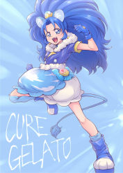 Rule 34 | 10s, 1girl, :d, animal ears, blue background, blue eyes, blue footwear, blue gloves, blue hair, blue shirt, blue skirt, blue theme, blue thighhighs, cat ears, cat tail, character name, cloud print, crown, cure gelato, earrings, extra ears, fang, gloves, highres, jewelry, kirakira precure a la mode, layered skirt, lion ears, lion tail, long hair, magical girl, mini crown, ogry ching, open mouth, precure, print skirt, shirt, shoes, single thighhigh, skirt, smile, solo, tail, tategami aoi, thighhighs