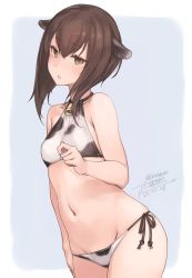 Rule 34 | 1girl, animal ears, animal print, artist name, bell, bikini, blush, brown eyes, brown hair, collarbone, cow ears, cow print, cowbell, cowboy shot, dated, flat chest, groin, hair between eyes, highres, kantai collection, navel, open mouth, rokuwata tomoe, short hair, signature, solo, swimsuit, taihou (kancolle), twitter username, white bikini