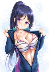 Rule 34 | 10s, 1girl, bikini, blue hair, blush, bodysuit, breasts, center opening, cle masahiro, cleavage, collarbone, diving suit, eyebrows, highres, large breasts, long hair, looking at viewer, love live!, love live! school idol festival, love live! sunshine!!, matsuura kanan, navel, open bodysuit, open clothes, ponytail, purple eyes, shiny skin, smile, solo, strap gap, striped bikini, striped clothes, swimsuit, water, wet, wetsuit