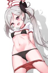 Rule 34 | 1girl, :d, black bra, black flower, black panties, blue archive, blush, bra, breasts, buruma, cameltoe, clothes lift, commentary request, drop shadow, flower, grey hair, gym uniform, hair flower, hair ornament, halo, highres, long hair, looking at viewer, mutsuki (blue archive), navel, open mouth, panties, puffy short sleeves, puffy sleeves, purple eyes, red buruma, rumiya9i, shirt, shirt lift, short sleeves, side ponytail, small breasts, smile, solo, underwear, very long hair, white background, white shirt