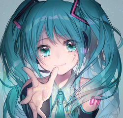 Rule 34 | 1girl, absurdres, aqua eyes, aqua hair, aqua necktie, arm tattoo, character name, collared shirt, commentary request, detached sleeves, grey background, hatsune miku, headset, highres, necktie, reaching, reaching towards viewer, shirt, smile, solo, tattoo, tears, twintails, upper body, vocaloid, yukiko (tesseract)