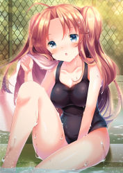 Rule 34 | 1girl, bad id, bad pixiv id, black one-piece swimsuit, brown eyes, brown hair, casual one-piece swimsuit, chain-link fence, chestnut mouth, fence, highres, long hair, moe2017, one-piece swimsuit, open mouth, original, school swimsuit, shizuki aya, sitting, solo, swimsuit, twintails, two side up, wet