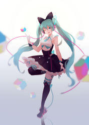 Rule 34 | 1girl, :d, aqua bow, aqua eyes, aqua hair, aqua necktie, arm at side, arm up, black bow, black footwear, blurry, boots, bow, breasts, buttons, cable, collared shirt, cube, depth of field, dress, eyelashes, frilled dress, frills, full body, gloves, glowing, gradient background, grey background, hair between eyes, hair bow, hatsune miku, headphones, high heel boots, high heels, long hair, looking at viewer, magical mirai (vocaloid), magical mirai miku, magical mirai miku (2016), medium breasts, necktie, open mouth, pantyhose, pinafore dress, pointing, prism, ribbed shirt, round teeth, shirt, short necktie, short sleeves, sleeveless dress, smile, solo, standing, standing on one leg, teeth, thigh boots, thighhighs, twintails, very long hair, vienri, vocaloid, white gloves, white pantyhose, white shirt, white thighhighs, wide sleeves