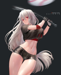 Rule 34 | 1girl, arknights, aztodio, baseball, baseball bat, bike shorts, black background, black gloves, black shirt, black shorts, blurry, breasts, commentary, cowboy shot, crop top, gloves, gluteal fold, groin, hair between eyes, highres, holding, holding baseball bat, large breasts, long hair, looking at viewer, midriff, navel, no headwear, nude, parted lips, red eyes, shirt, short shorts, short sleeves, shorts, silver hair, simple background, skadi (arknights), sky, solo, standing, stomach, thighs, very long hair