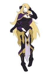 Rule 34 | 1girl, armor, black armor, black panties, breasts, camilla (fire emblem), camilla (fire emblem) (cosplay), cape, cleavage, cosplay, creatures (company), cynthia (pokemon), fire emblem, fire emblem fates, full body, game freak, gloves, hair ornament, hair over one eye, highres, large breasts, long hair, nintendo, panties, pokemon, pokemon dppt, rod langhi, sketch, smile, solo, thighs, underwear, white background