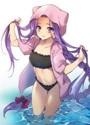 Rule 34 | 1girl, alternate costume, bikini, bikini under clothes, black bikini, blush, bow, braid, closed mouth, collarbone, commentary request, fate/grand order, fate (series), forehead, frilled bikini, frills, hair bow, holding, holding hair, hood, hood up, hooded jacket, jacket, long hair, looking at viewer, medusa (fate), medusa (lancer) (fate), medusa (rider) (fate), navel, open clothes, open jacket, pink jacket, plum (arch), purple bow, rider, short sleeves, simple background, single braid, smile, solo, standing, strapless, strapless bikini, swimsuit, thigh gap, thighs, very long hair, water, white background