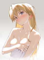 Rule 34 | 1girl, bare arms, bare shoulders, blonde hair, blue eyes, blush, breasts, cleavage, closed mouth, collarbone, commentary, ear blush, grey background, head tilt, highres, long hair, naked towel, neon genesis evangelion, nose blush, siino, simple background, small breasts, solo, souryuu asuka langley, sweat, towel, twitter username, upper body, v-shaped eyebrows