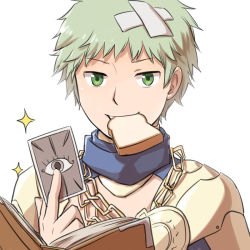 Rule 34 | 1boy, alternate costume, armor, book, bread slice, card, chain, commentary request, crossed bandaids, food, food in mouth, green eyes, green hair, holding, holding book, holding card, jewelry, looking at viewer, male focus, mechanic (ragnarok online), mouth hold, natsuya (kuttuki), necklace, open mouth, ragnarok online, short hair, shrug (clothing), simple background, smile, solo, sparkle, toast, toast in mouth, upper body, white background, yellow armor